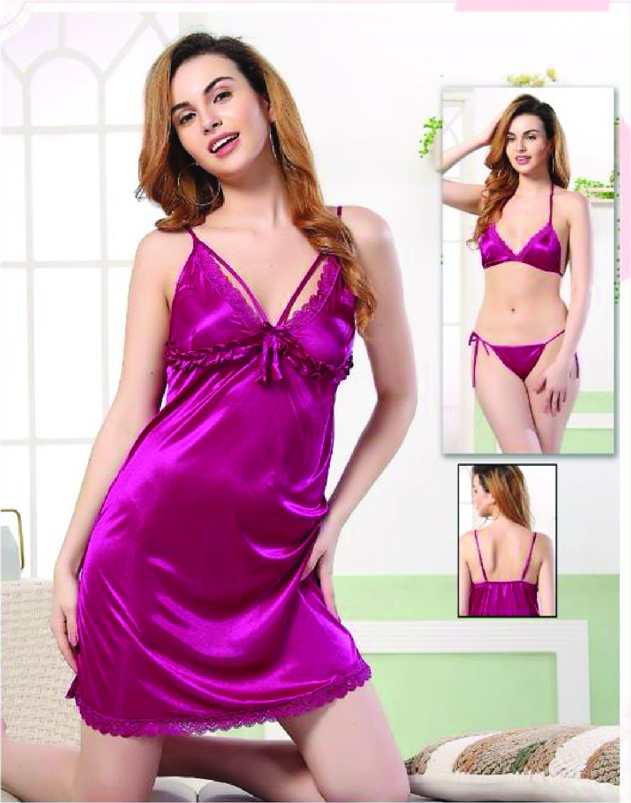 Satin Neck Frill 3 Pcs Night Suit